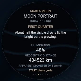 MAREA Moon: illuminazione, distanza e diametro apparente